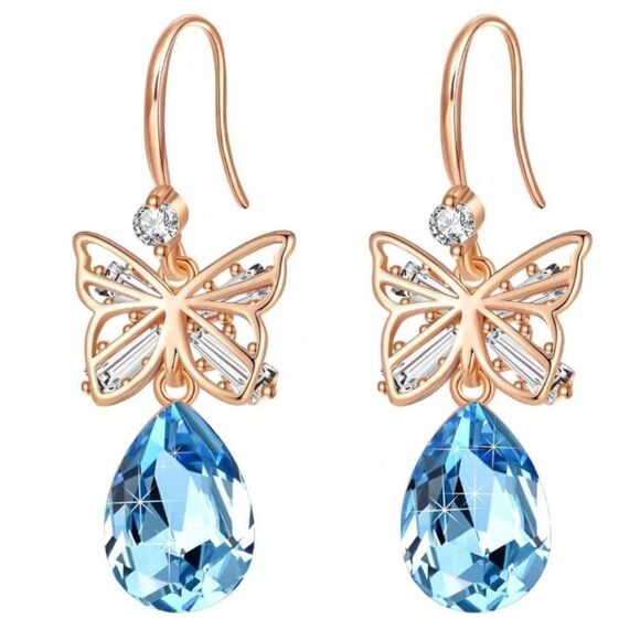 14K Rose Gold with Aquamarine Blue Austrian Crystal Butterfly Teardrop Earrings
